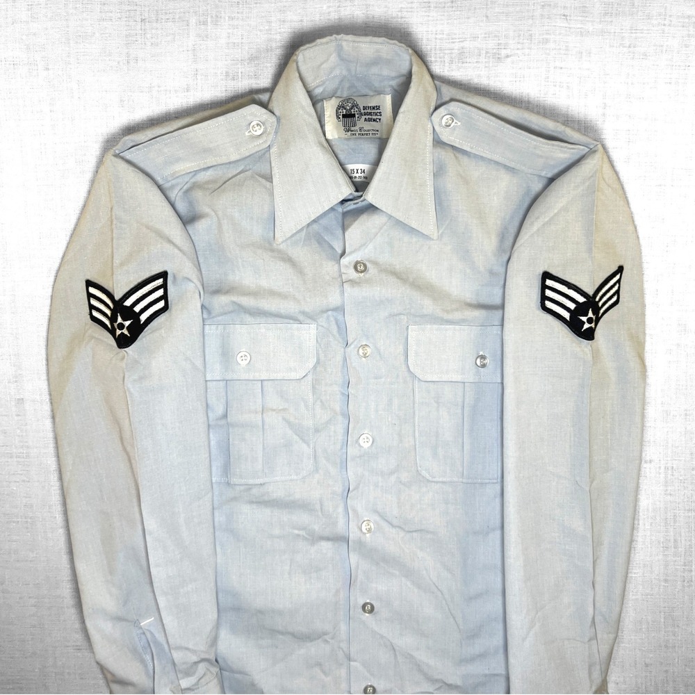 VTG Defense Logistics Agency Military Shirt Men 15x34 Shirt Blue L/S Epaulet USA